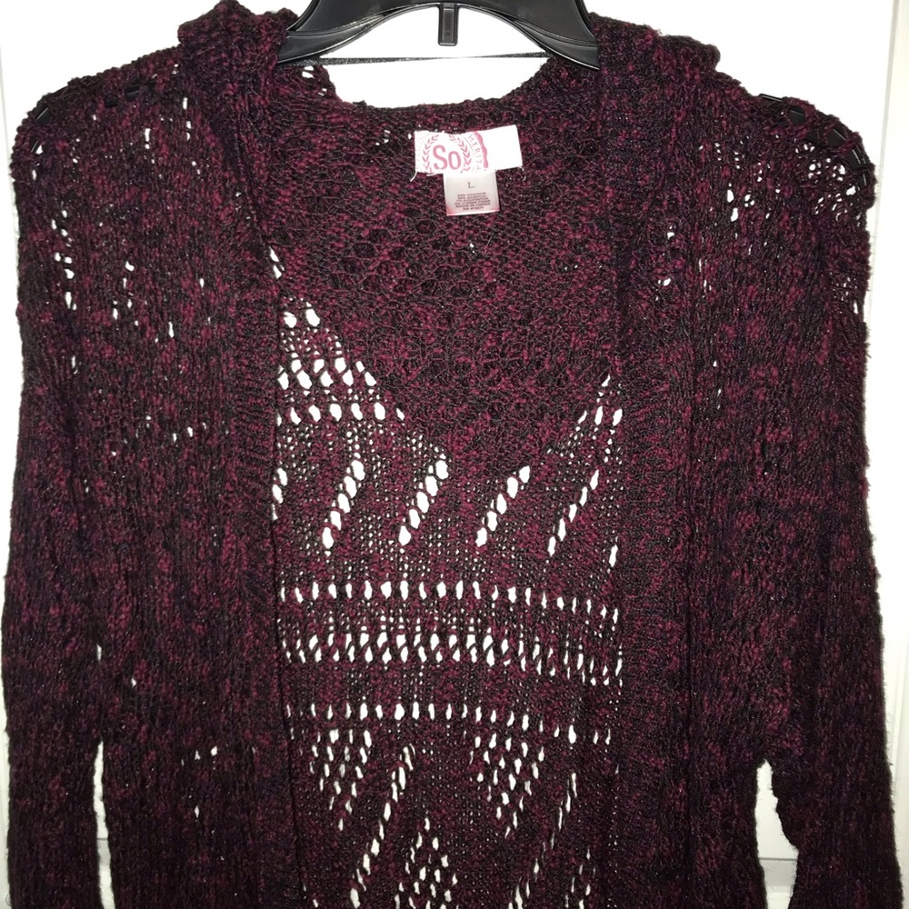 Red & Black Open Knit Hooded Cardigan